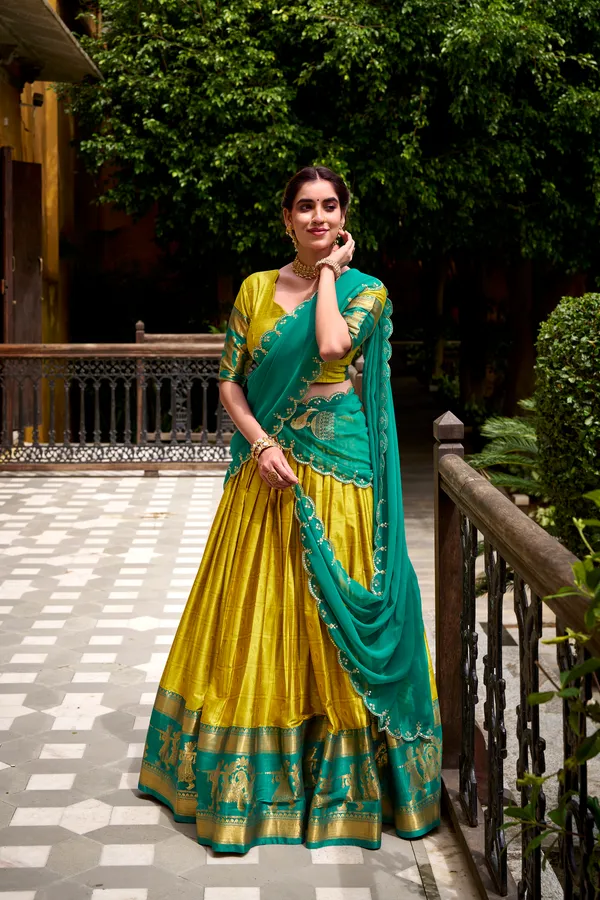 Yellow_Poly_Cotton_Silk_Lehenga_Saree_With_Rich_Weaving_Work_And_Contrast_Dupatta_For_Women