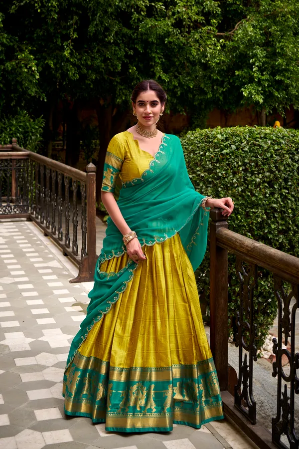 Yellow_Poly_Cotton_Silk_Lehenga_Saree_With_Rich_Weaving_Work_And_Contrast_Dupatta_For_Women