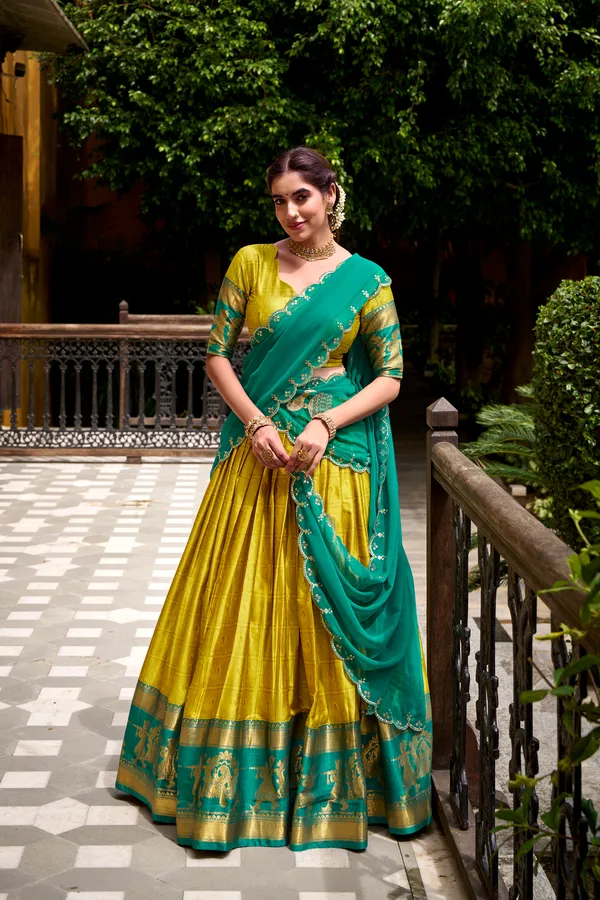 Yellow_Poly_Cotton_Silk_Lehenga_Saree_With_Rich_Weaving_Work_And_Contrast_Dupatta_For_Women