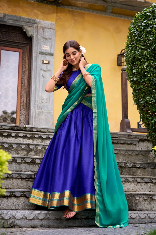 Blue_Poly_Cotton_Royal_Lehenga_Saree_With_Green_Dupatta_And_Rich_Weaving_Border_For_Women