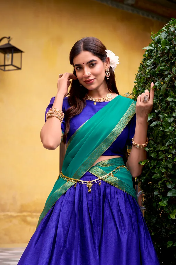 Blue_Poly_Cotton_Royal_Lehenga_Saree_With_Green_Dupatta_And_Rich_Weaving_Border_For_Women