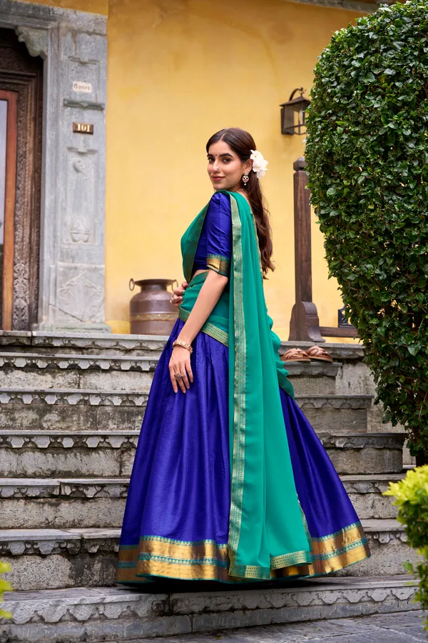Blue_Poly_Cotton_Royal_Lehenga_Saree_With_Green_Dupatta_And_Rich_Weaving_Border_For_Women