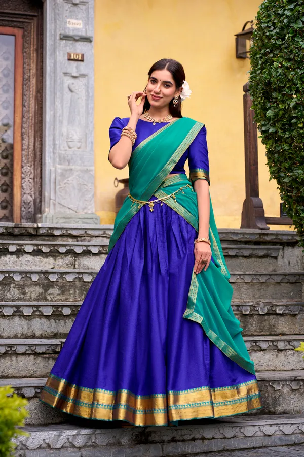 Blue_Poly_Cotton_Royal_Lehenga_Saree_With_Green_Dupatta_And_Rich_Weaving_Border_For_Women