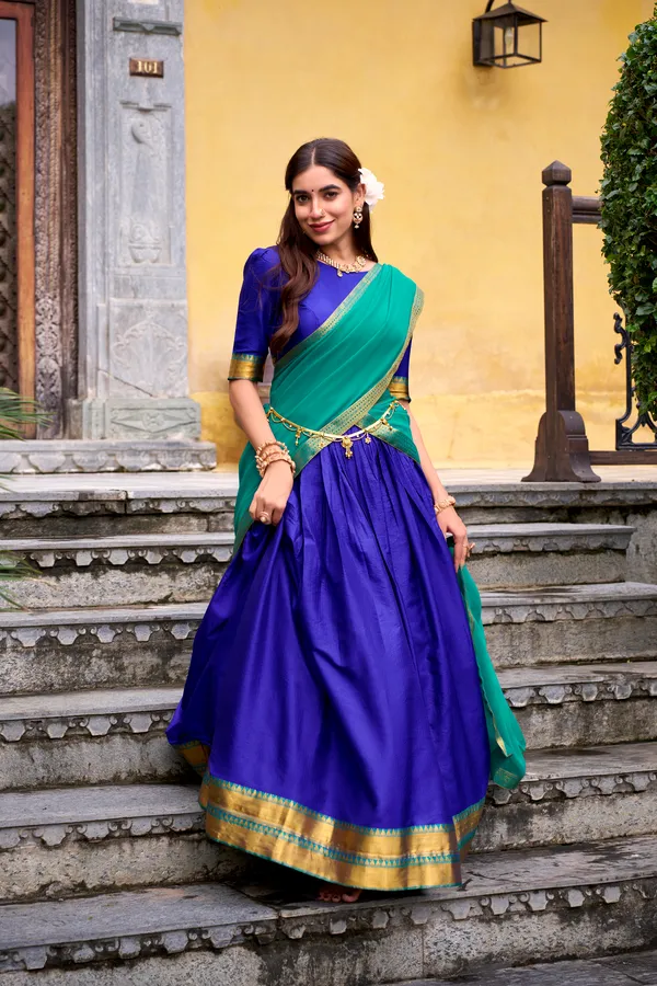 Blue_Poly_Cotton_Royal_Lehenga_Saree_With_Green_Dupatta_And_Rich_Weaving_Border_For_Women
