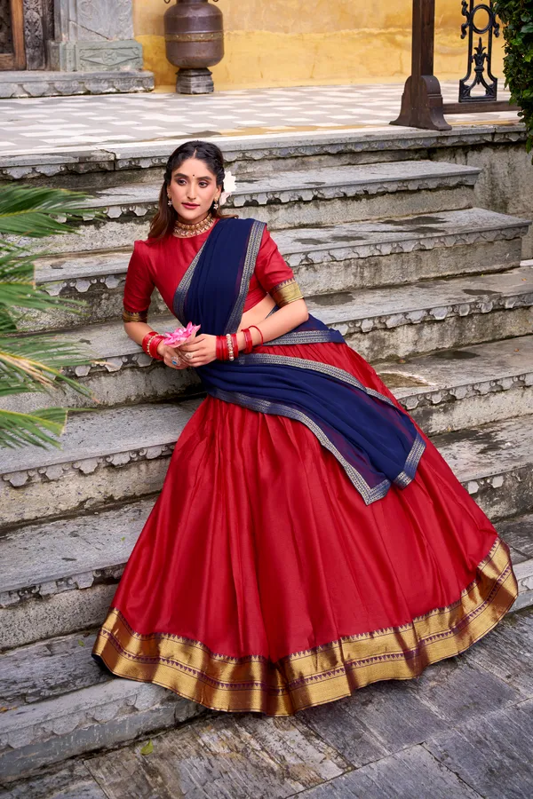 Red_Poly_Cotton_Royal_Blue_Lehenga_Saree_With_Green_Dupatta_And_Rich_Weaving_Border_For_Women