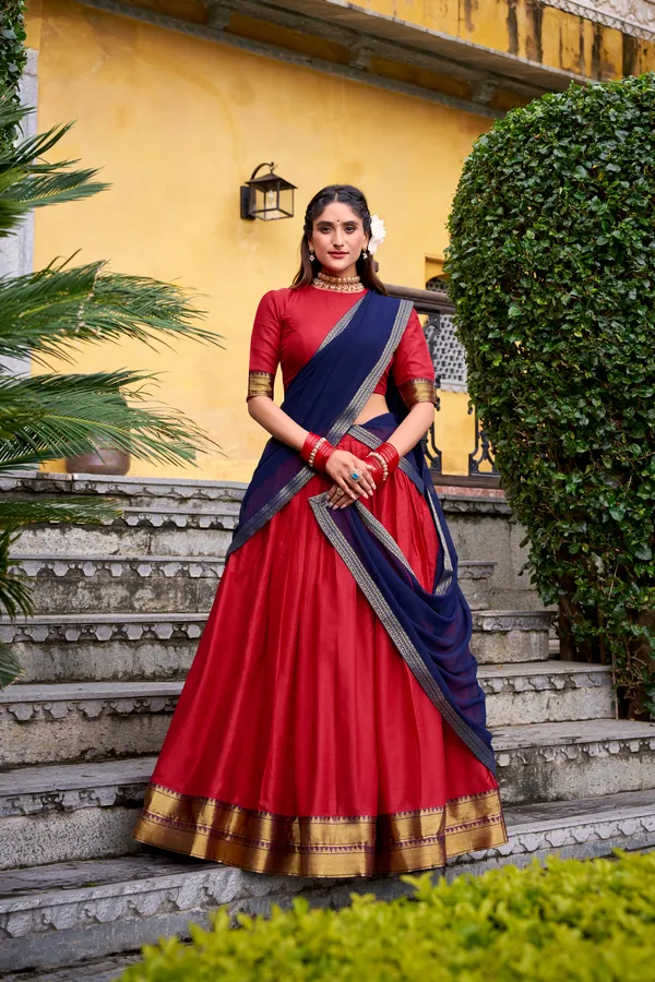 Red_Poly_Cotton_Royal_Blue_Lehenga_Saree_With_Green_Dupatta_And_Rich_Weaving_Border_For_Women