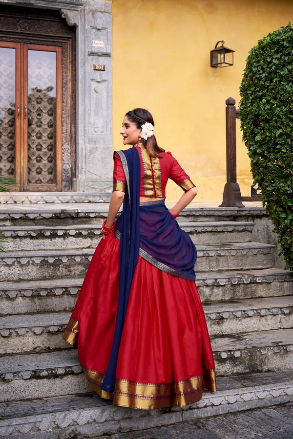 Red_Poly_Cotton_Royal_Blue_Lehenga_Saree_With_Green_Dupatta_And_Rich_Weaving_Border_For_Women
