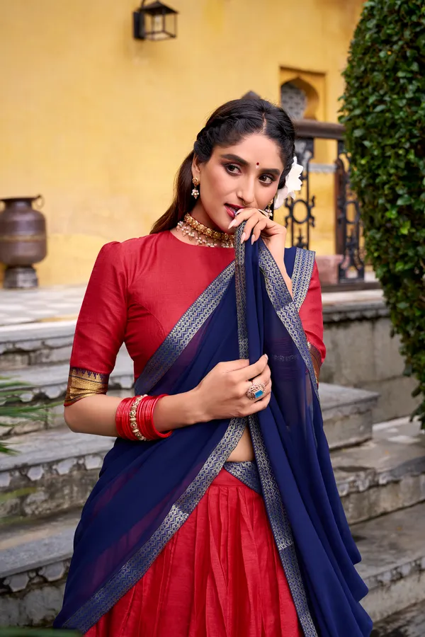 Red_Poly_Cotton_Royal_Blue_Lehenga_Saree_With_Green_Dupatta_And_Rich_Weaving_Border_For_Women