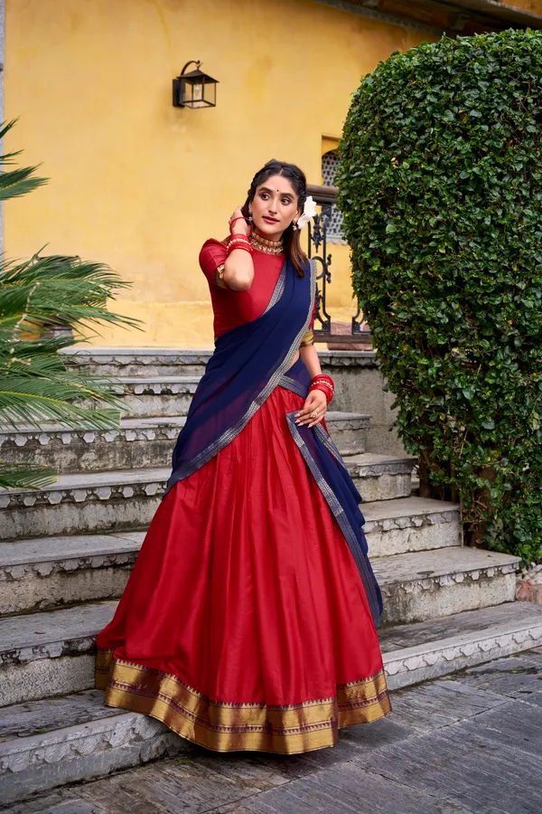 Red_Poly_Cotton_Royal_Blue_Lehenga_Saree_With_Green_Dupatta_And_Rich_Weaving_Border_For_Women