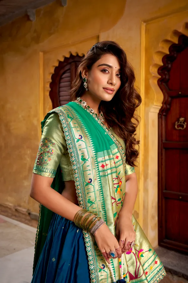 Navy_Blue_Soft_Silk_Paithani_Green_And_Lehenga_Saree_With_Traditional_Weaving_Work_For_Women