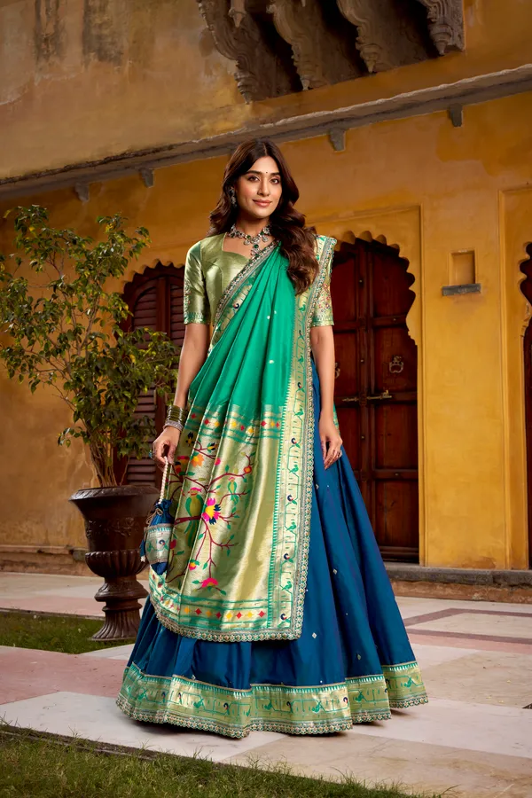 Navy_Blue_Soft_Silk_Paithani_Green_And_Lehenga_Saree_With_Traditional_Weaving_Work_For_Women