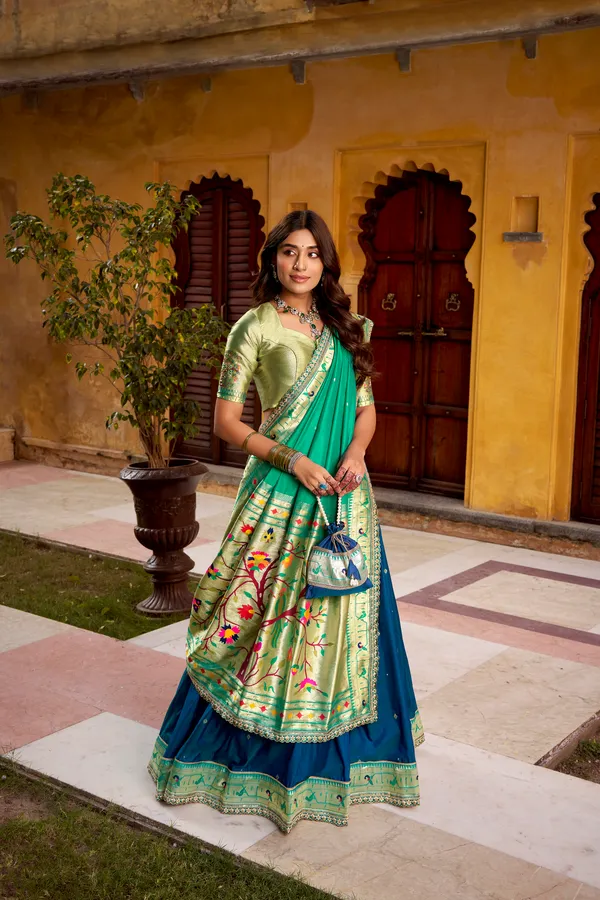Navy_Blue_Soft_Silk_Paithani_Green_And_Lehenga_Saree_With_Traditional_Weaving_Work_For_Women