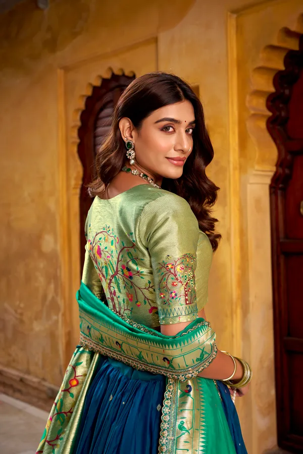 Navy_Blue_Soft_Silk_Paithani_Green_And_Lehenga_Saree_With_Traditional_Weaving_Work_For_Women