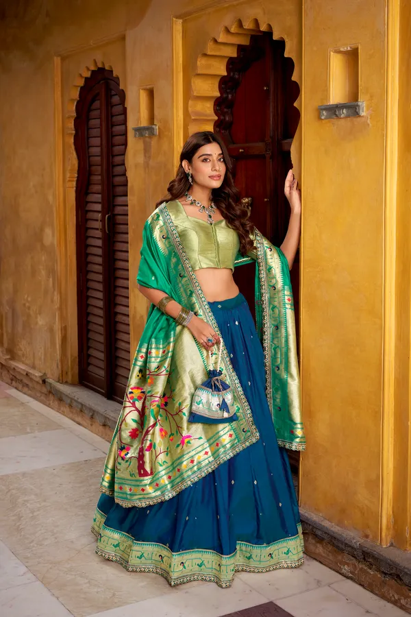 Navy_Blue_Soft_Silk_Paithani_Green_And_Lehenga_Saree_With_Traditional_Weaving_Work_For_Women