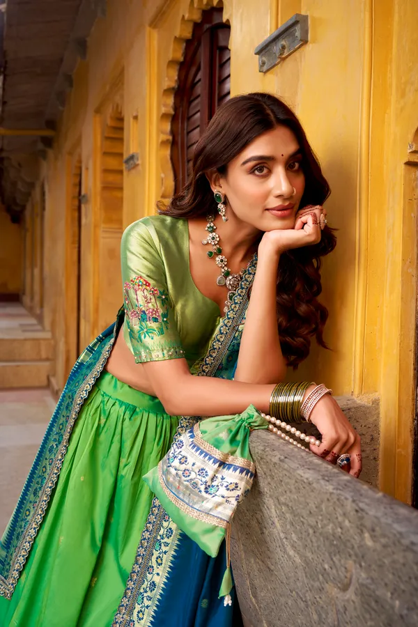 Parrot_Green_Soft_Silk_Paithani_And_Blue_Lehenga_Saree_With_Traditional_Weaving_Work_For_Women
