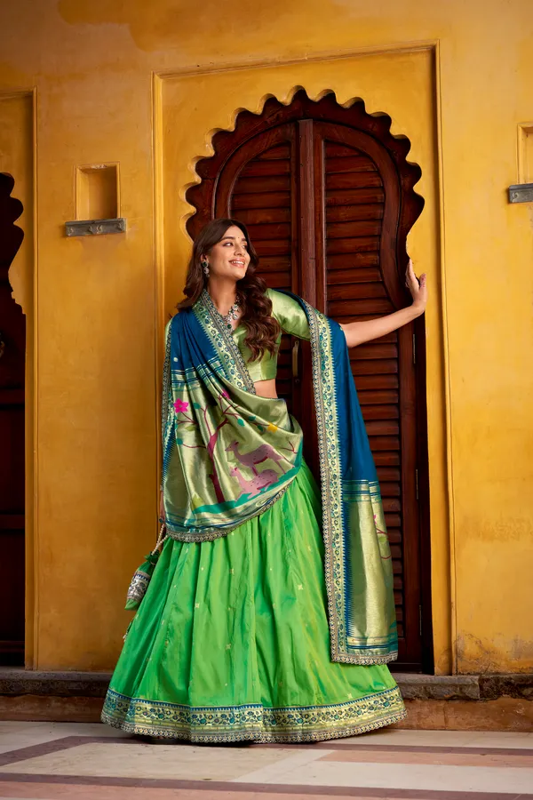 Parrot_Green_Soft_Silk_Paithani_And_Blue_Lehenga_Saree_With_Traditional_Weaving_Work_For_Women