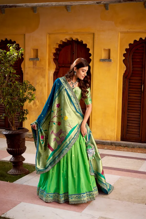 Parrot_Green_Soft_Silk_Paithani_And_Blue_Lehenga_Saree_With_Traditional_Weaving_Work_For_Women