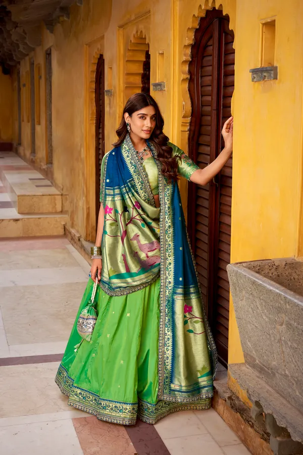 Parrot_Green_Soft_Silk_Paithani_And_Blue_Lehenga_Saree_With_Traditional_Weaving_Work_For_Women