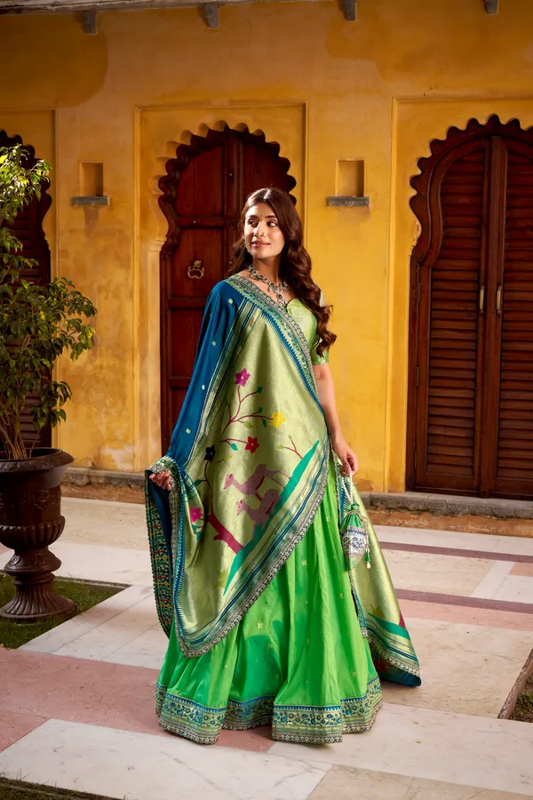 Parrot_Green_Soft_Silk_Paithani_And_Blue_Lehenga_Saree_With_Traditional_Weaving_Work_For_Women