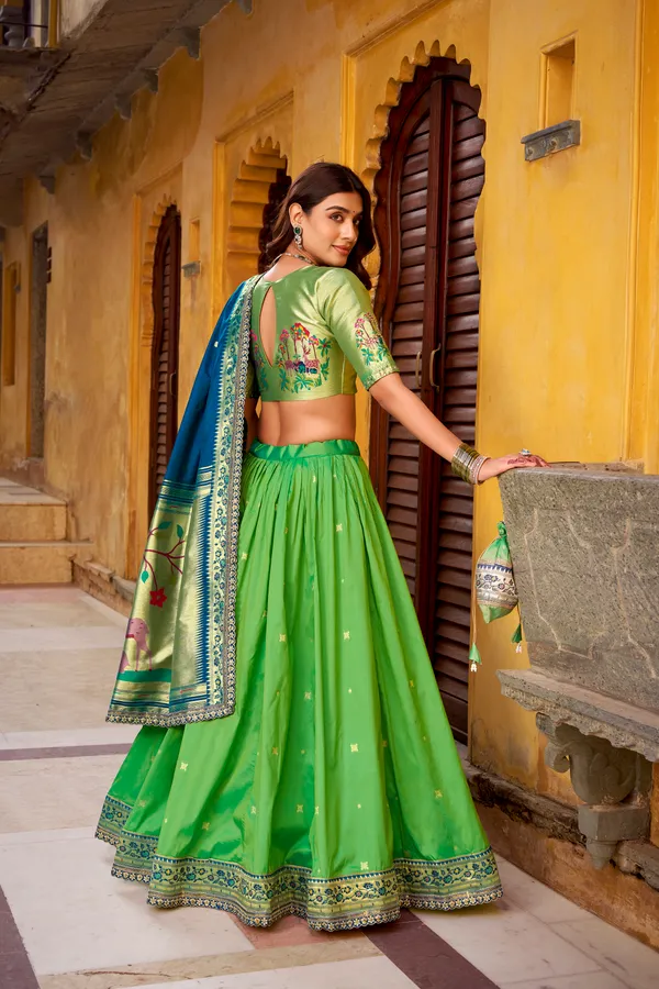 Parrot_Green_Soft_Silk_Paithani_And_Blue_Lehenga_Saree_With_Traditional_Weaving_Work_For_Women