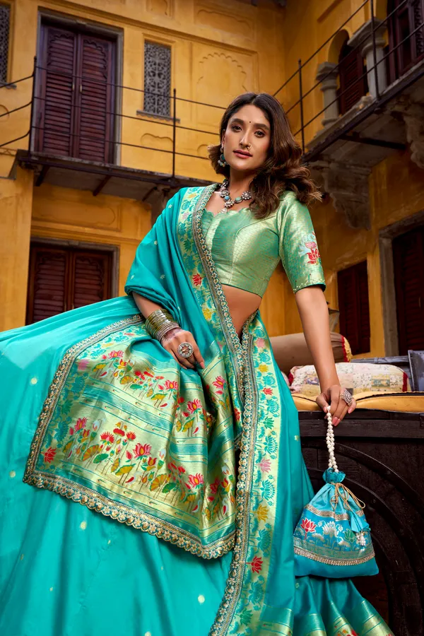 Sky_Blue_Soft_Silk_Paithani_Green_And_Lehenga_Saree_With_Traditional_Weaving_Work_For_Women