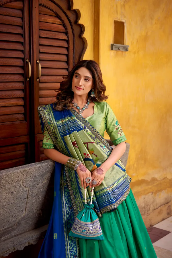 Green_Soft_Silk_Paithani_And_Blue_Lehenga_Saree_With_Traditional_Weaving_Work_For_Women