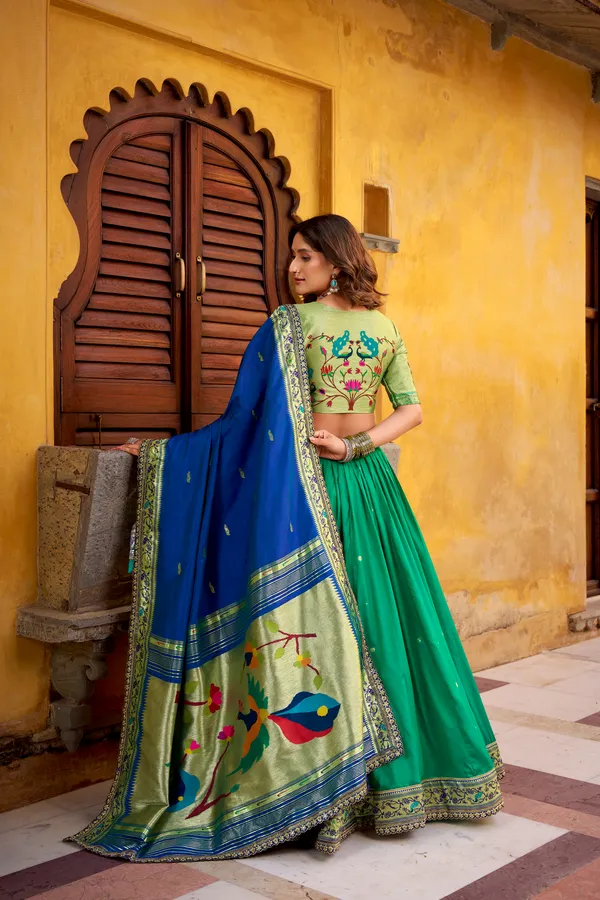 Green_Soft_Silk_Paithani_And_Blue_Lehenga_Saree_With_Traditional_Weaving_Work_For_Women
