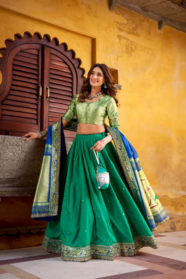 Green_Soft_Silk_Paithani_And_Blue_Lehenga_Saree_With_Traditional_Weaving_Work_For_Women