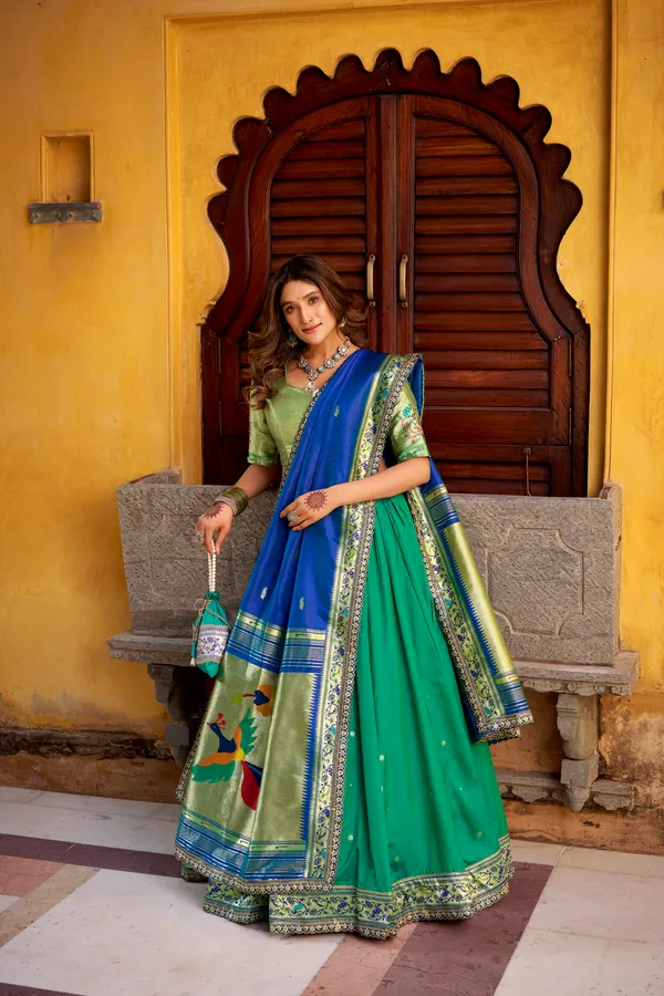 Green_Soft_Silk_Paithani_And_Blue_Lehenga_Saree_With_Traditional_Weaving_Work_For_Women
