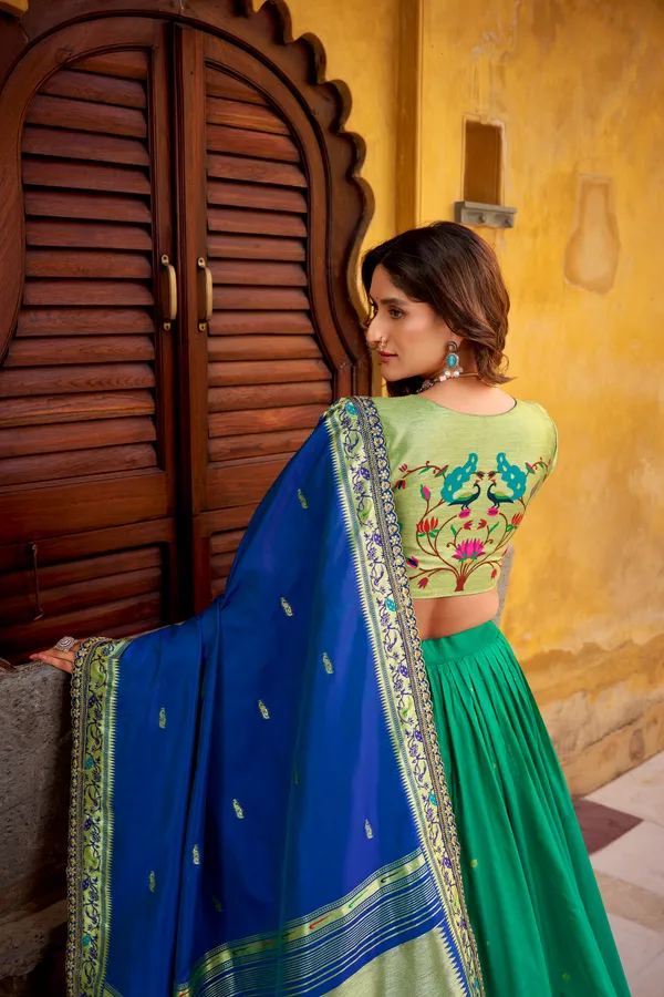 Green_Soft_Silk_Paithani_And_Blue_Lehenga_Saree_With_Traditional_Weaving_Work_For_Women
