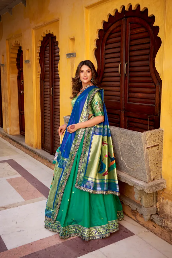 Green_Soft_Silk_Paithani_And_Blue_Lehenga_Saree_With_Traditional_Weaving_Work_For_Women