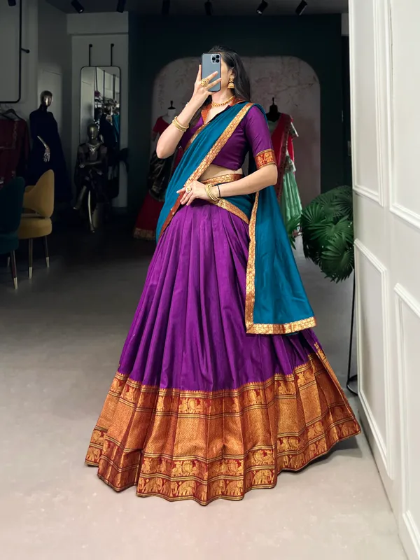 Purple_Narayan_Pet_Cotton_Brown_Weaving_Work_Lehenga_Choli_Set_With_Maroon_Dupatta_For_Women