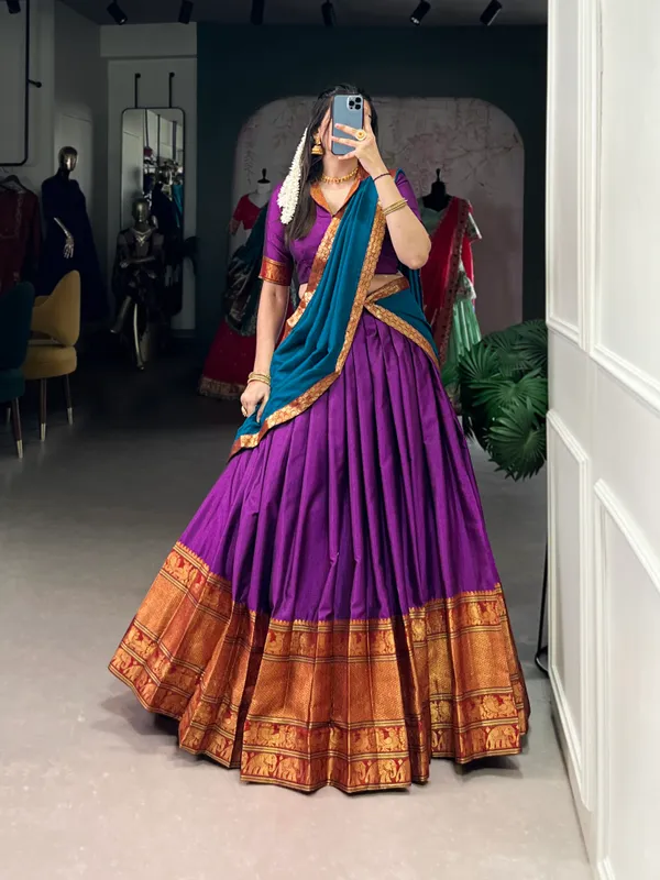 Purple_Narayan_Pet_Cotton_Brown_Weaving_Work_Lehenga_Choli_Set_With_Maroon_Dupatta_For_Women