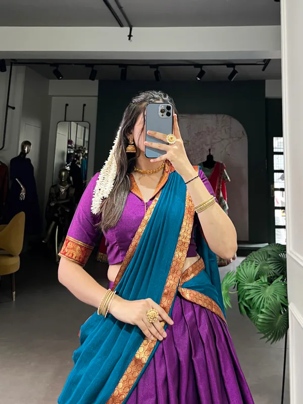 Purple_Narayan_Pet_Cotton_Brown_Weaving_Work_Lehenga_Choli_Set_With_Maroon_Dupatta_For_Women