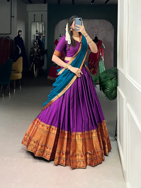 Purple_Narayan_Pet_Cotton_Brown_Weaving_Work_Lehenga_Choli_Set_With_Maroon_Dupatta_For_Women