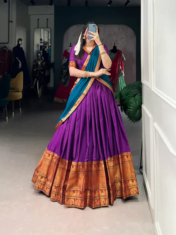 Purple_Narayan_Pet_Cotton_Brown_Weaving_Work_Lehenga_Choli_Set_With_Maroon_Dupatta_For_Women