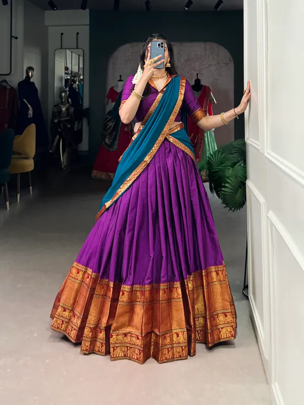 Purple_Narayan_Pet_Cotton_Brown_Weaving_Work_Lehenga_Choli_Set_With_Maroon_Dupatta_For_Women