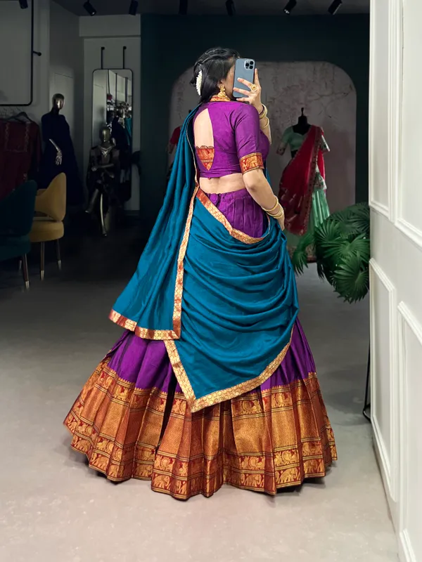 Purple_Narayan_Pet_Cotton_Brown_Weaving_Work_Lehenga_Choli_Set_With_Maroon_Dupatta_For_Women