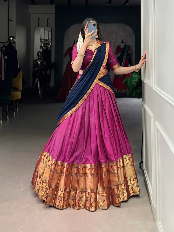Pink_And_Navy_Blue_Narayan_Pet_Cotton_Brown_Weaving_Work_Lehenga_Choli_Set_With_Maroon_Dupatta_For_Women