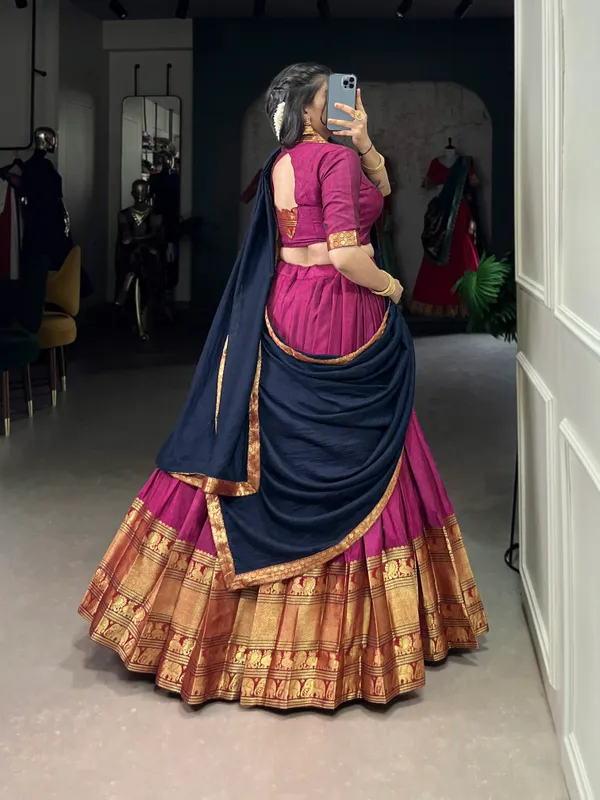 Pink_And_Navy_Blue_Narayan_Pet_Cotton_Brown_Weaving_Work_Lehenga_Choli_Set_With_Maroon_Dupatta_For_Women