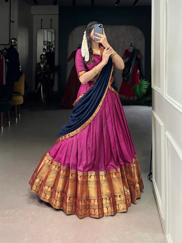 Pink_And_Navy_Blue_Narayan_Pet_Cotton_Brown_Weaving_Work_Lehenga_Choli_Set_With_Maroon_Dupatta_For_Women