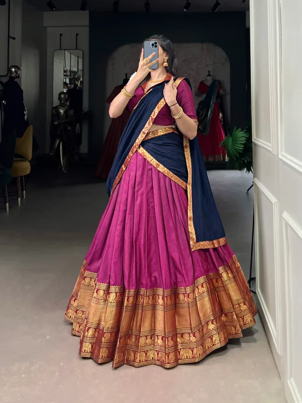 Pink_And_Navy_Blue_Narayan_Pet_Cotton_Brown_Weaving_Work_Lehenga_Choli_Set_With_Maroon_Dupatta_For_Women