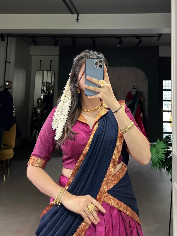 Pink_And_Navy_Blue_Narayan_Pet_Cotton_Brown_Weaving_Work_Lehenga_Choli_Set_With_Maroon_Dupatta_For_Women