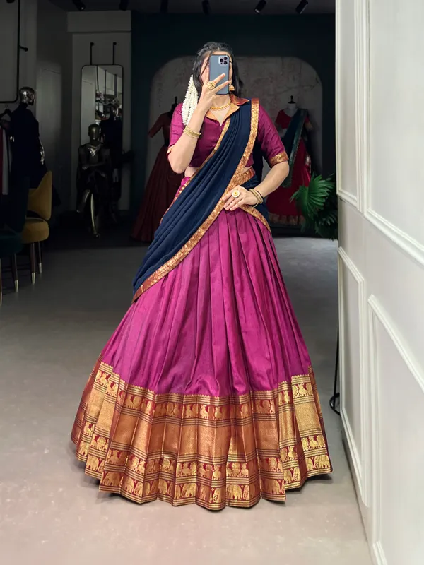 Pink_And_Navy_Blue_Narayan_Pet_Cotton_Brown_Weaving_Work_Lehenga_Choli_Set_With_Maroon_Dupatta_For_Women