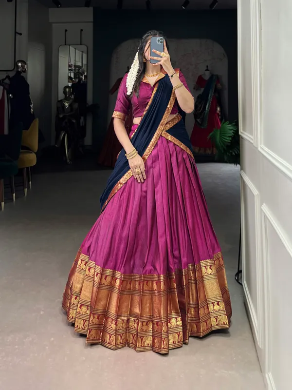 Pink_And_Navy_Blue_Narayan_Pet_Cotton_Brown_Weaving_Work_Lehenga_Choli_Set_With_Maroon_Dupatta_For_Women