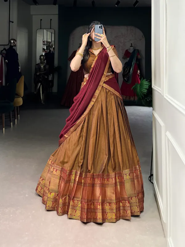 Maroon_And_Golden_Narayan_Pet_Cotton_Brown_Weaving_Work_Lehenga_Choli_Set_With_Dupatta_For_Women