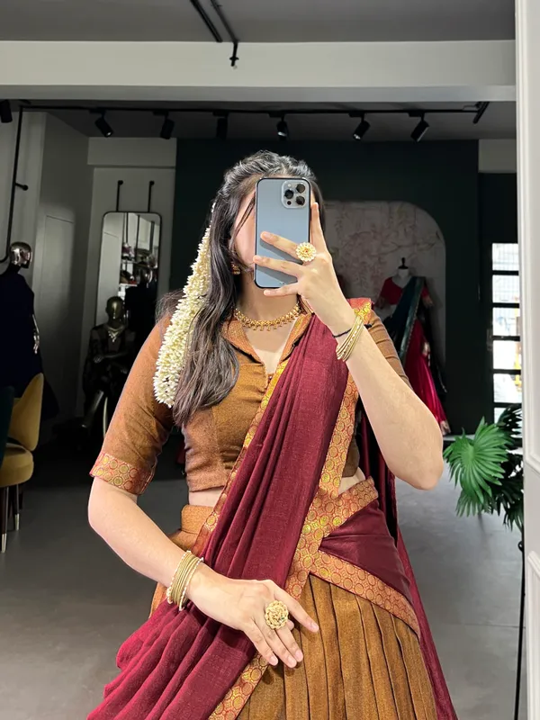 Maroon_And_Golden_Narayan_Pet_Cotton_Brown_Weaving_Work_Lehenga_Choli_Set_With_Dupatta_For_Women