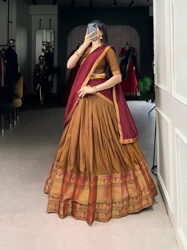Maroon_And_Golden_Narayan_Pet_Cotton_Brown_Weaving_Work_Lehenga_Choli_Set_With_Dupatta_For_Women