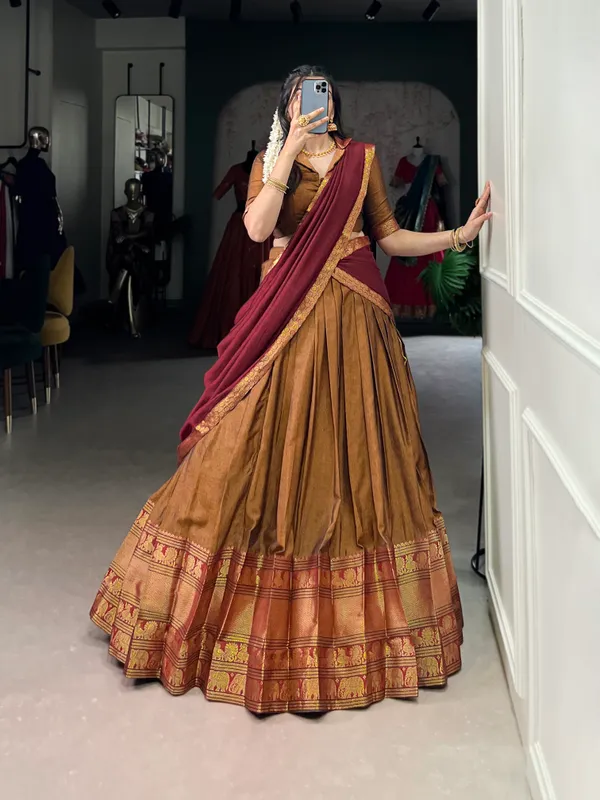 Maroon_And_Golden_Narayan_Pet_Cotton_Brown_Weaving_Work_Lehenga_Choli_Set_With_Dupatta_For_Women