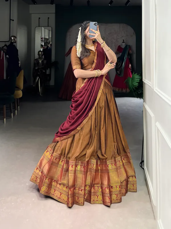 Maroon_And_Golden_Narayan_Pet_Cotton_Brown_Weaving_Work_Lehenga_Choli_Set_With_Dupatta_For_Women